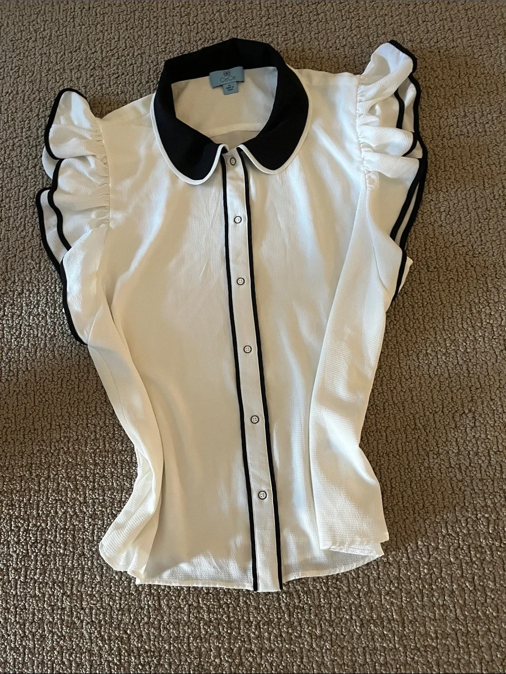 CeCe White Button-Down Blouse with Black Collar and Trim